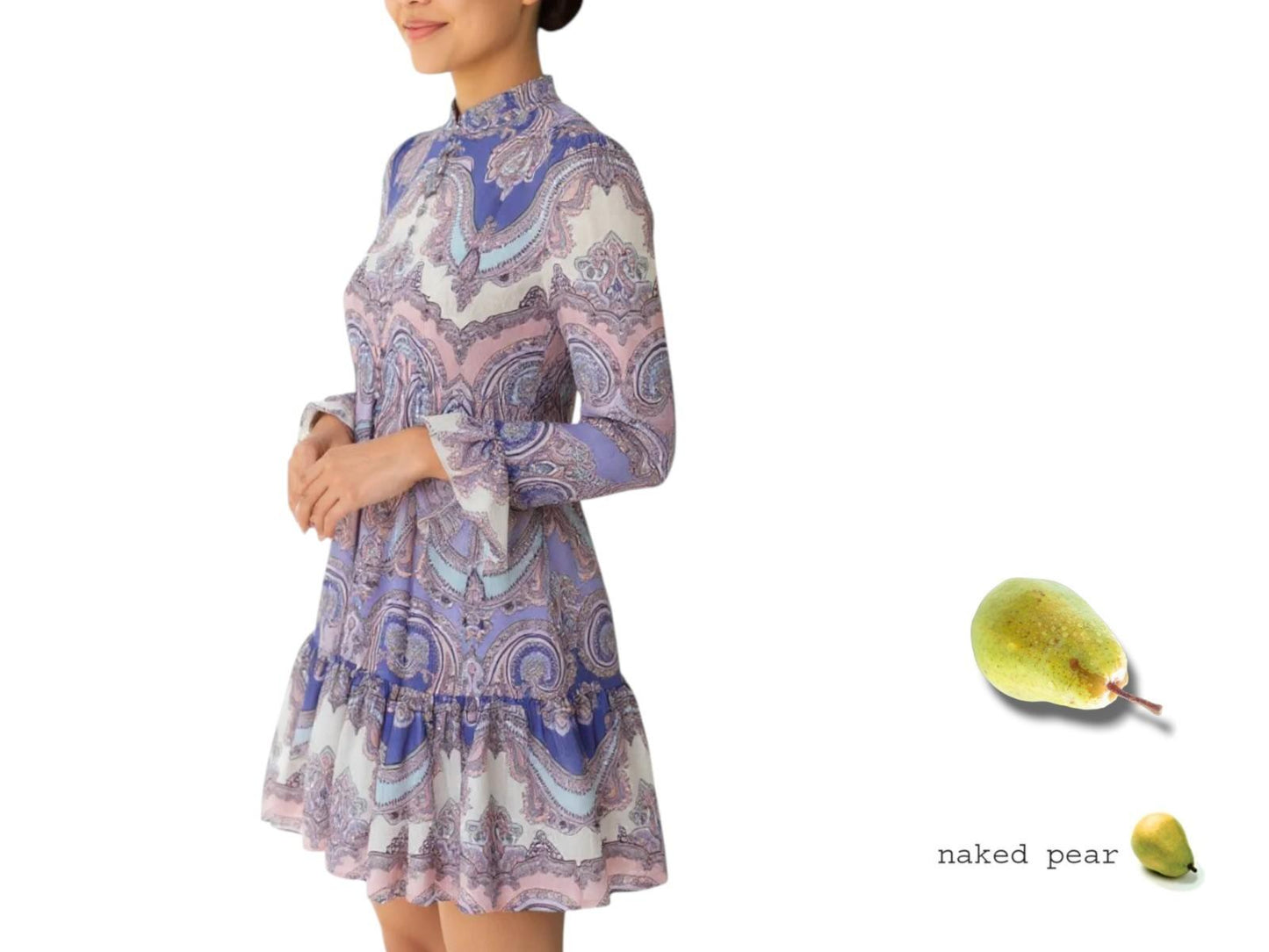 AI generated image of Woman wearing a patterned dress with a pear graphic and 'naked pear' text on a white background