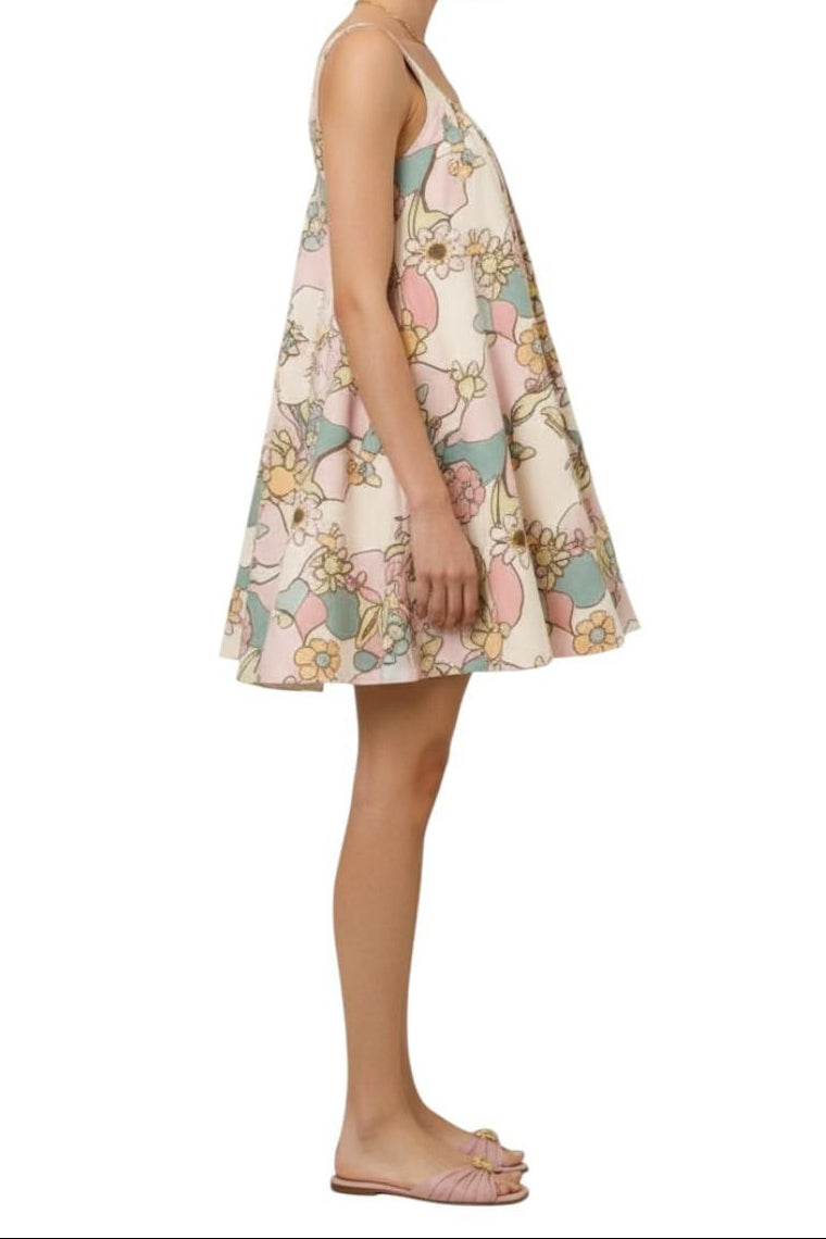 AI Generated image of Floral patterned dress worn by a person on a white background