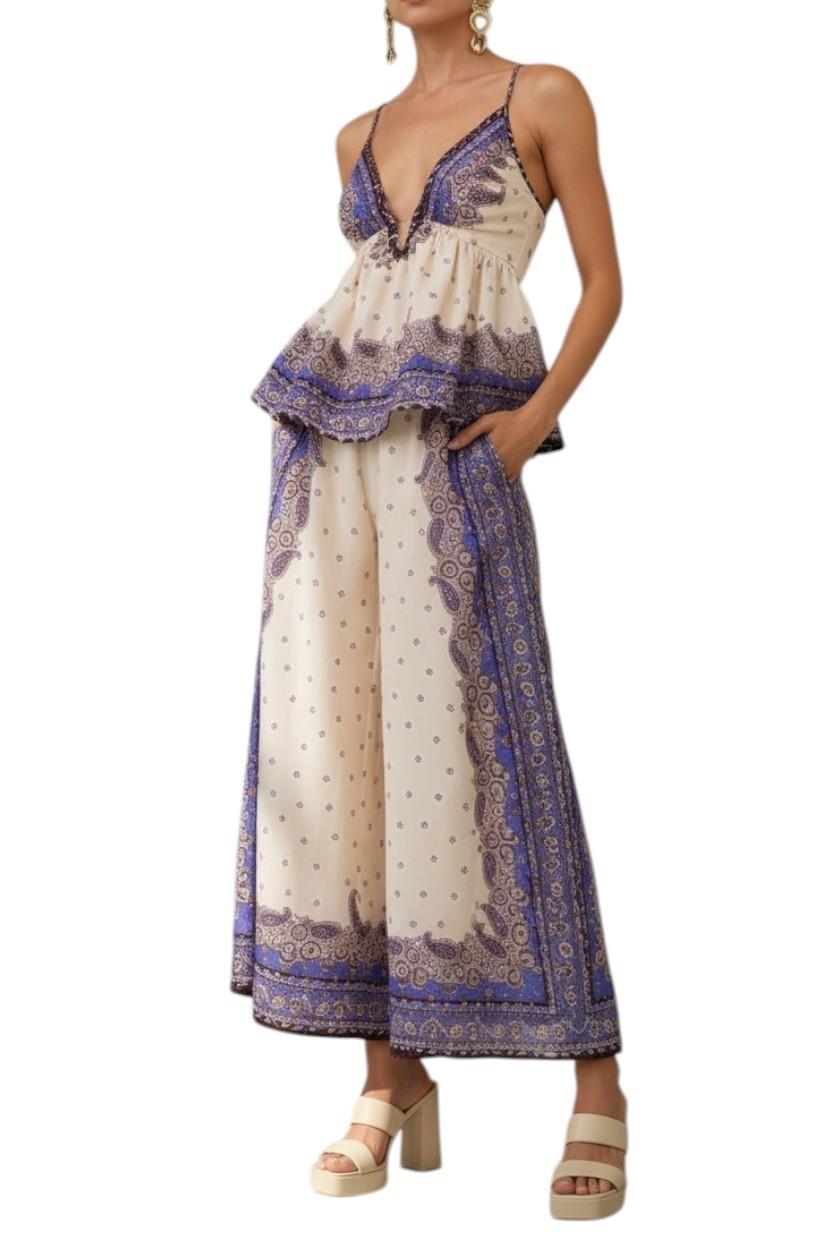 AI generated image of Woman wearing a white and purple patterned dress on a white background