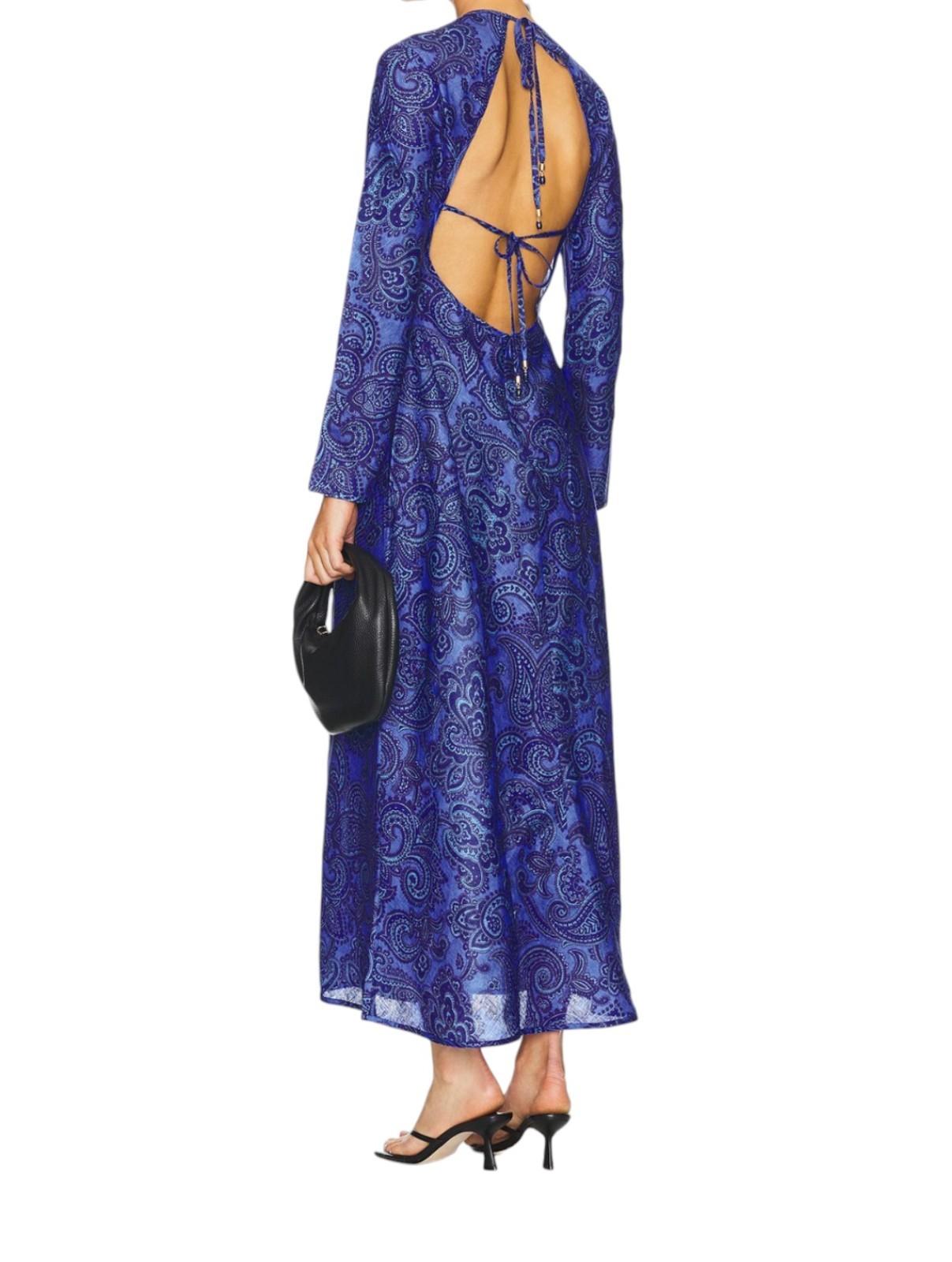 Blue paisley dress with a backless design on a white background