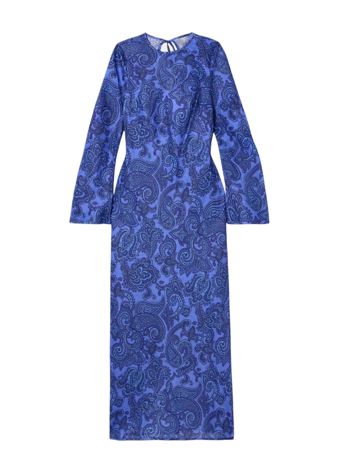 Blue paisley patterned dress on a white background