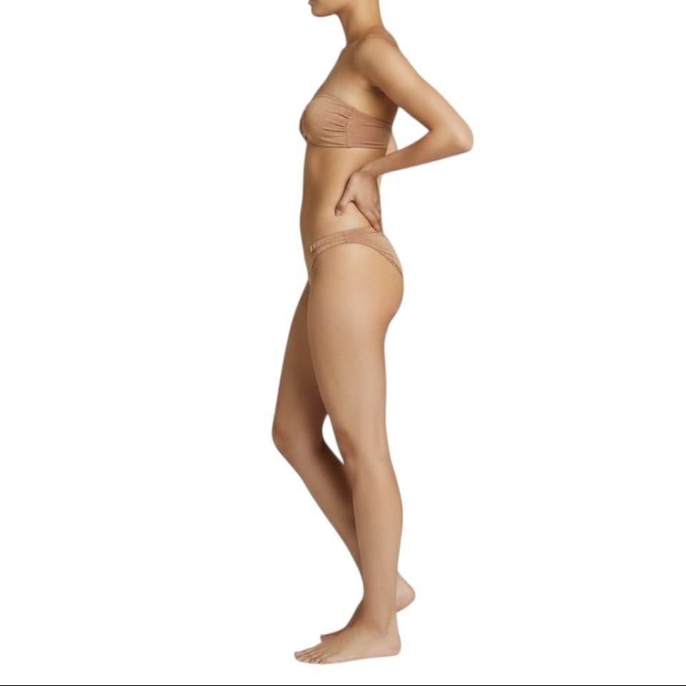 AI generated image of Woman wearing beige lingerie on a white background