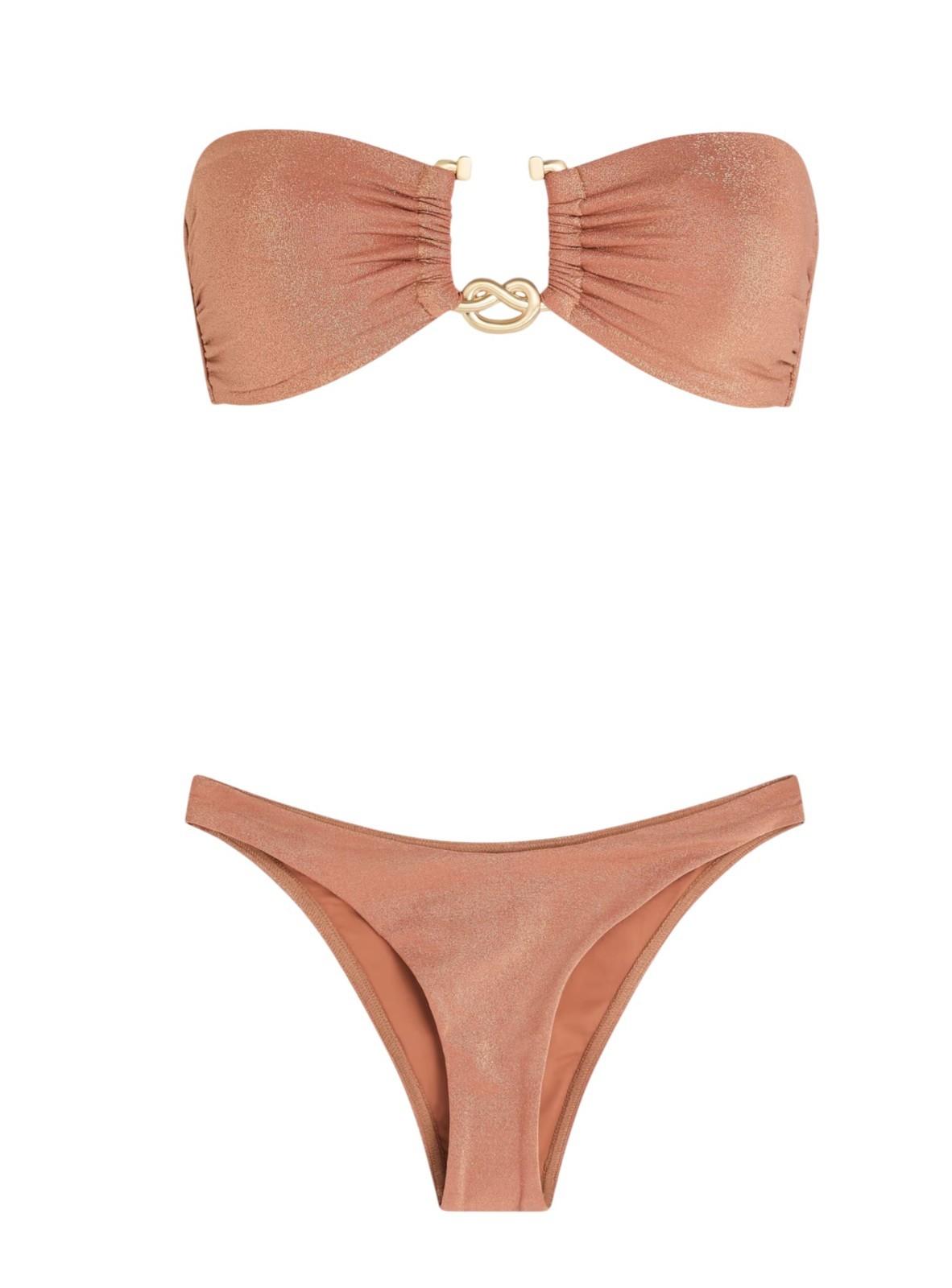 Brown bikini set with a gold ring detail on a white background