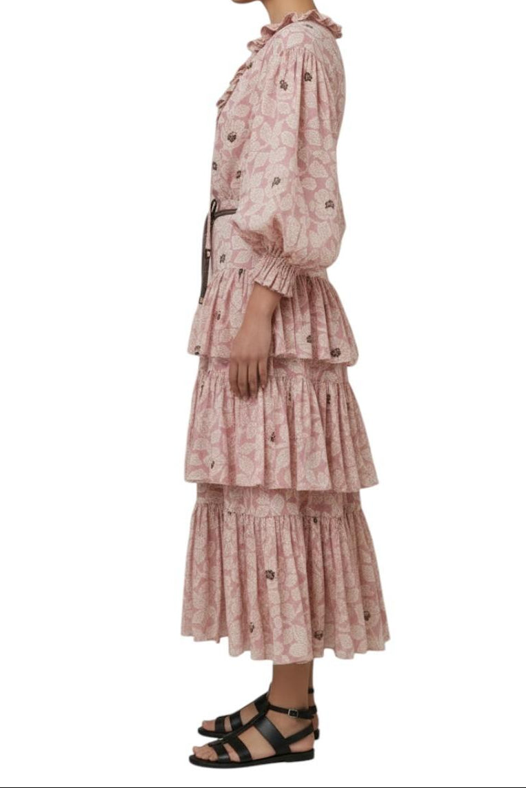 AI-generated image of Pink floral dress with a belt on a white background