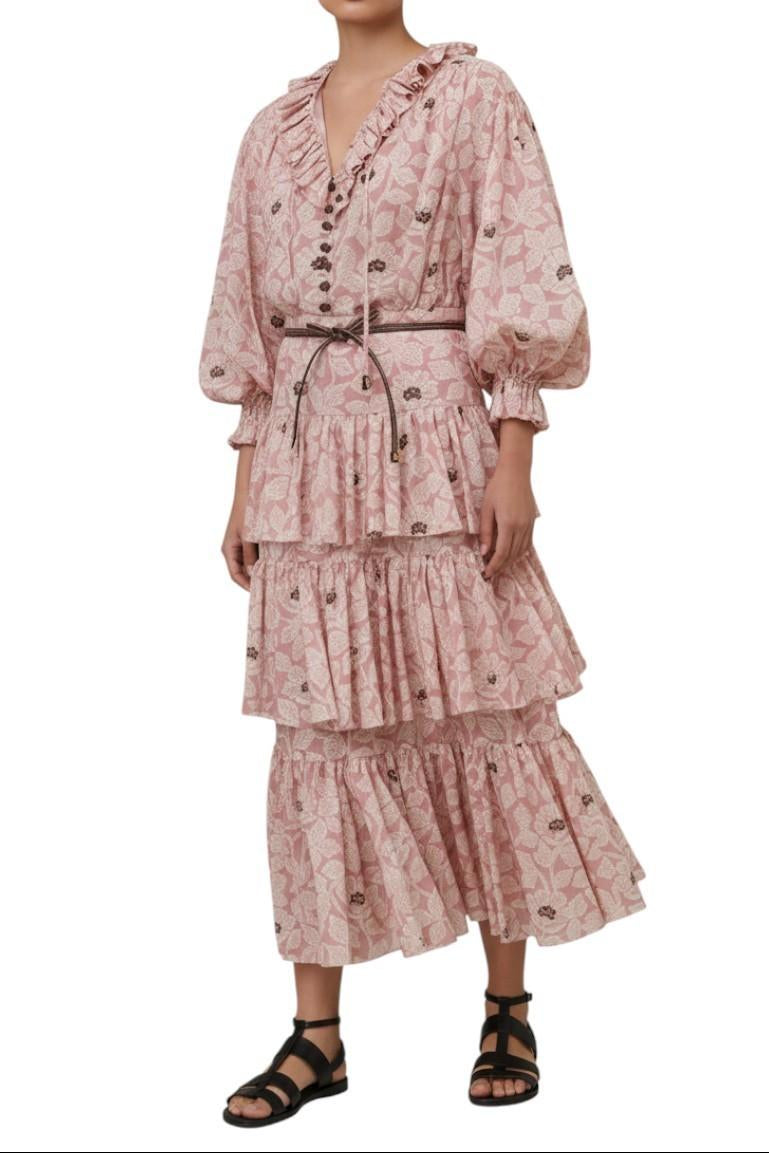 AI-generated image of Woman wearing a pink floral dress on a white background