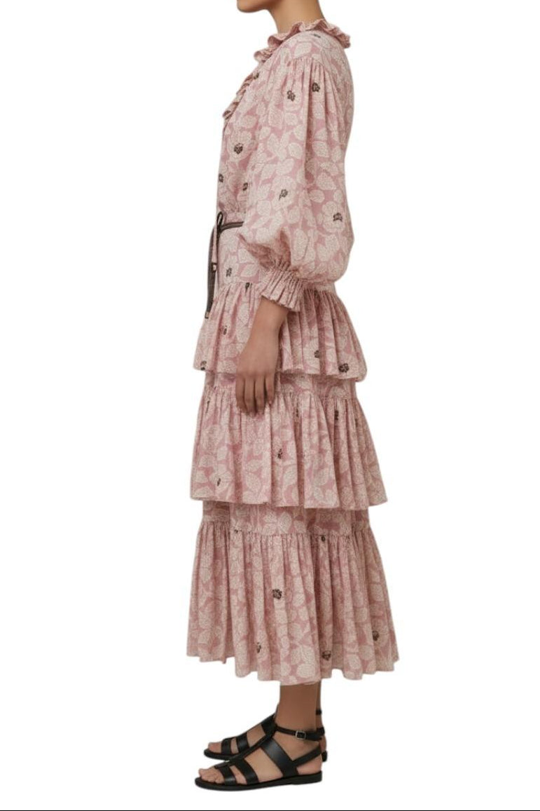 AI-generated image of Woman wearing a pink floral dress on a white background