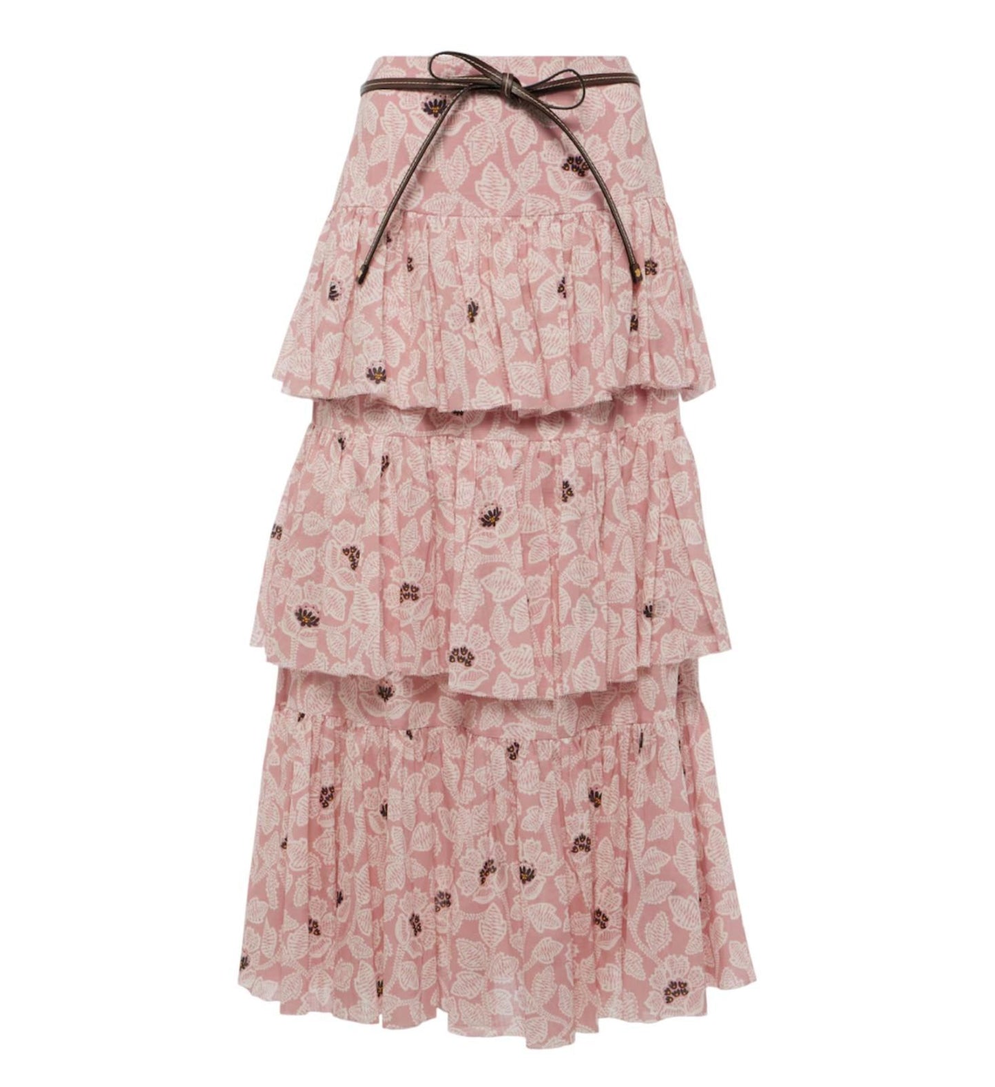 Zimmermann Ottie Tiered Midi Skirt | Rose Pink Floral, Cotton, High Waist, Belt
