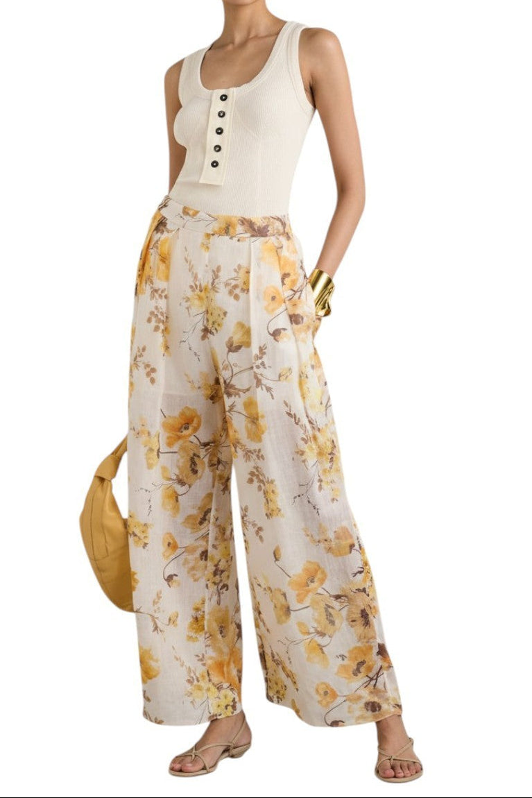 AI generated image of Woman wearing a white sleeveless top and floral pants with a yellow bag on a white background