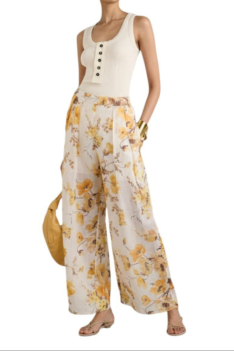 AI generated image of Woman wearing a cream sleeveless top and floral pants with a beige bag on a white background