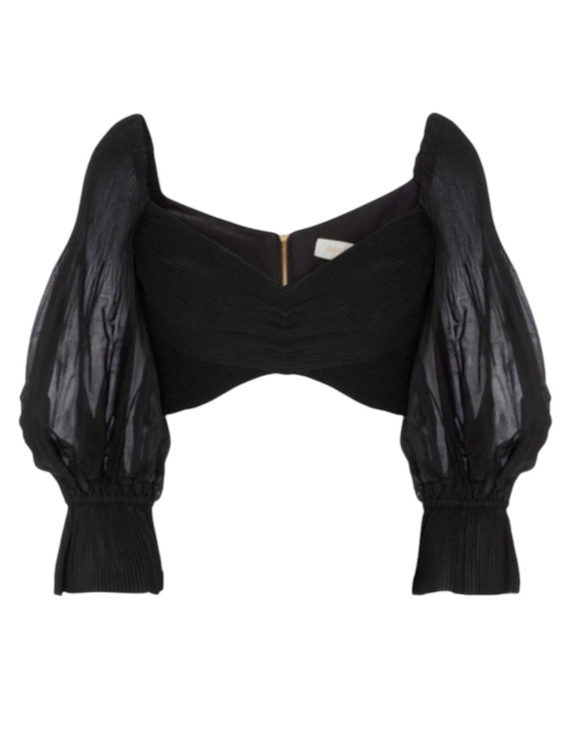 Black crop top with puffed sleeves on a white background