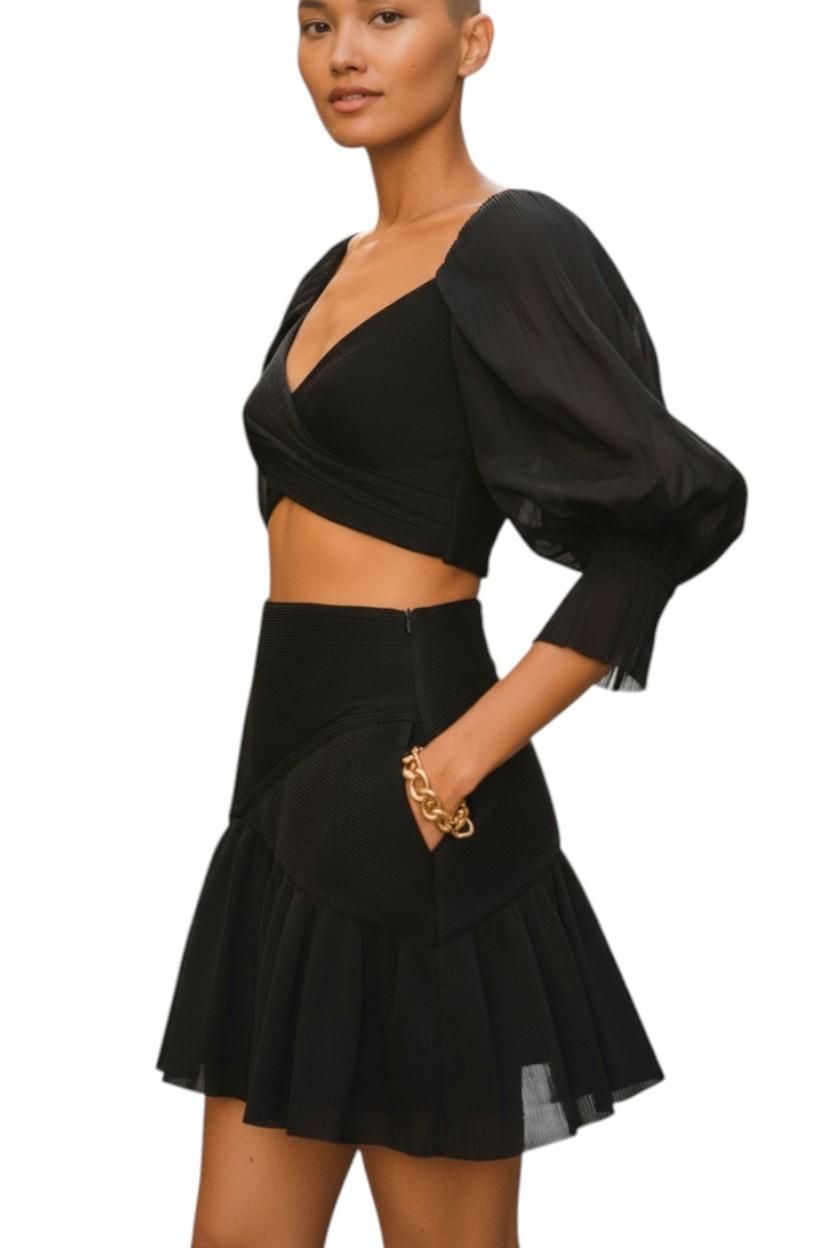 AI generated image of Woman wearing a black outfit with puffed sleeves on a white background