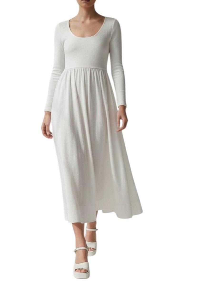 AI generated image of White long-sleeve dress worn by a person on a white background