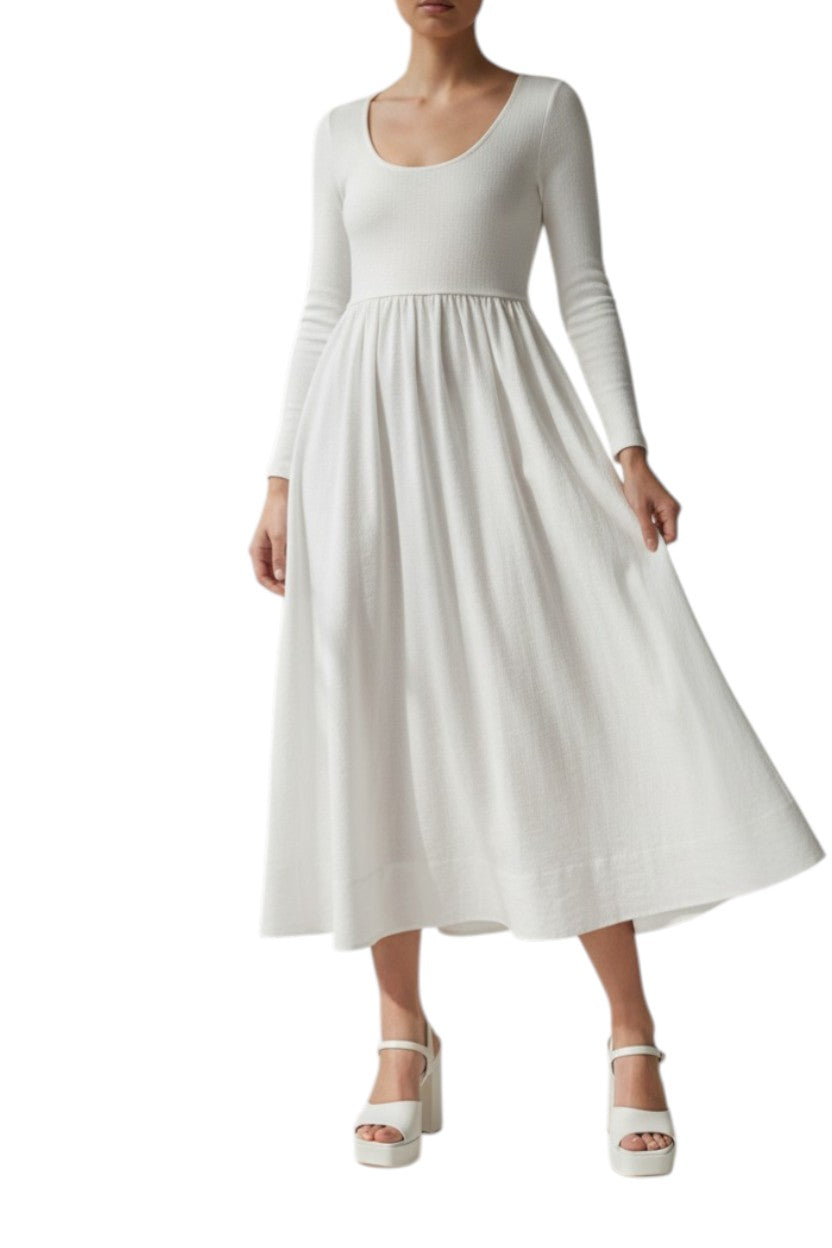 AI generated image of White long-sleeve dress worn by a person on a white background
