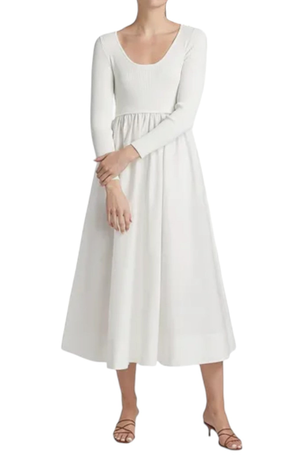 White long-sleeve dress worn by a person on a white background