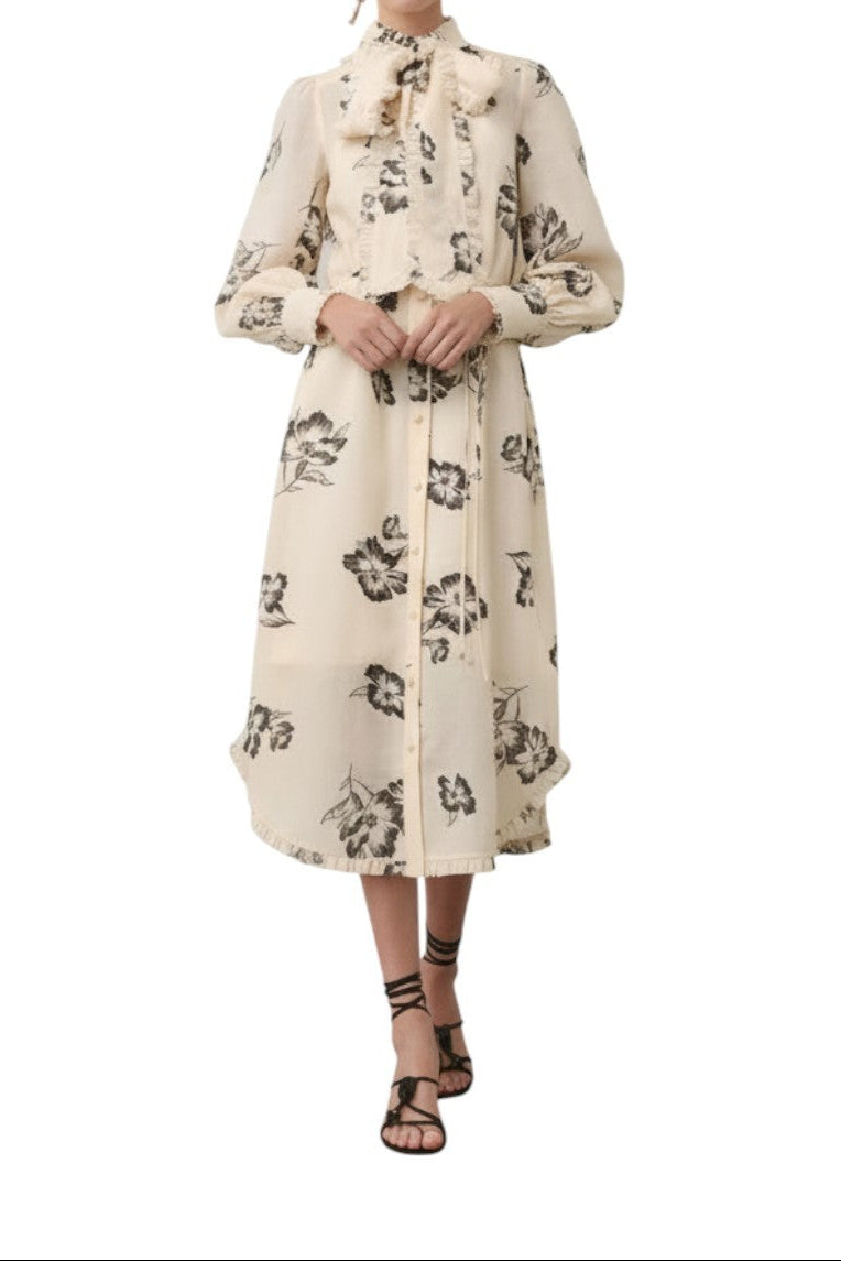 AI generated image of Beige floral dress worn by a person on a white background