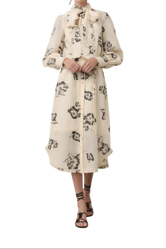 AI generated image of Beige floral dress worn by a person on a white background