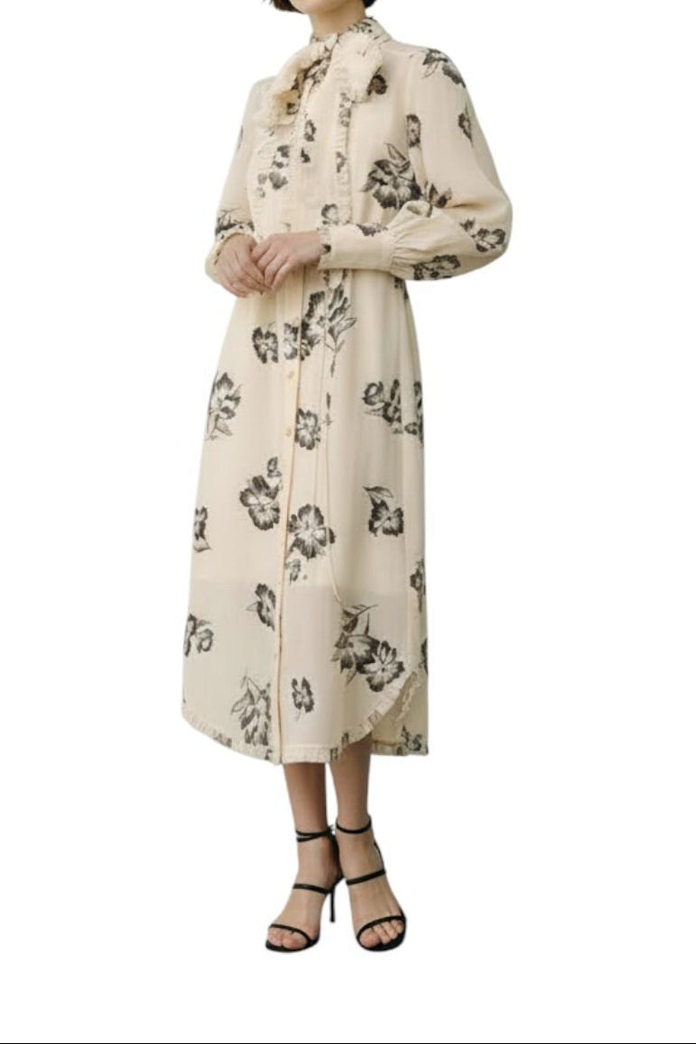 AI generated image of Woman wearing a floral dress on a white background