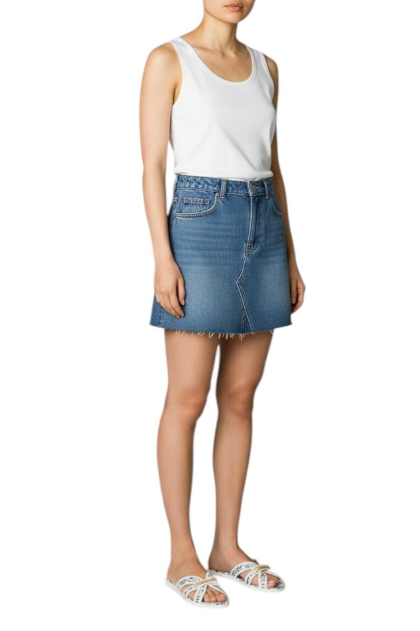 AI generated image of Woman wearing a white tank top and blue denim skirt on a white background
