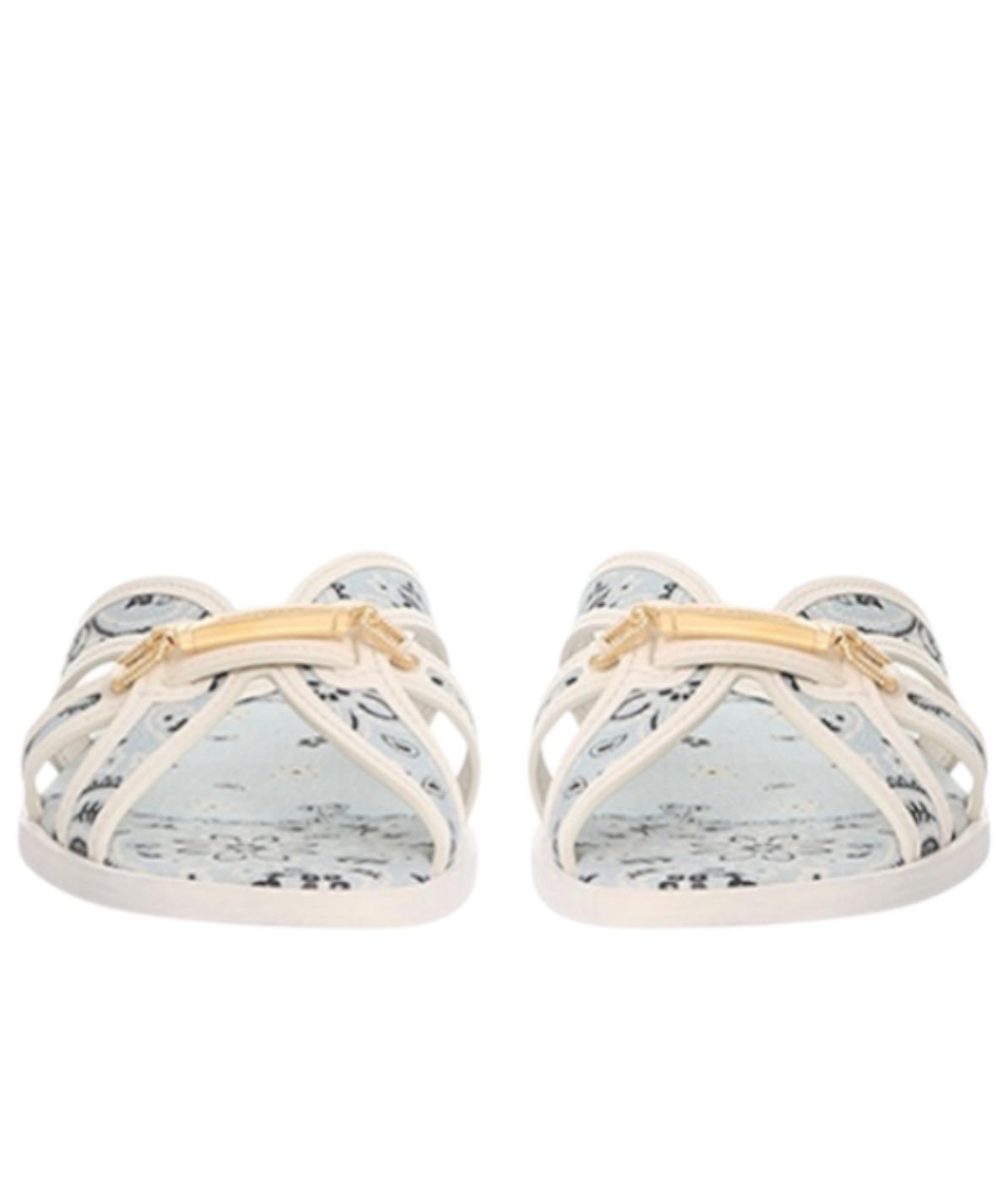 Pair of floral-patterned flip-flops with gold straps on a white background