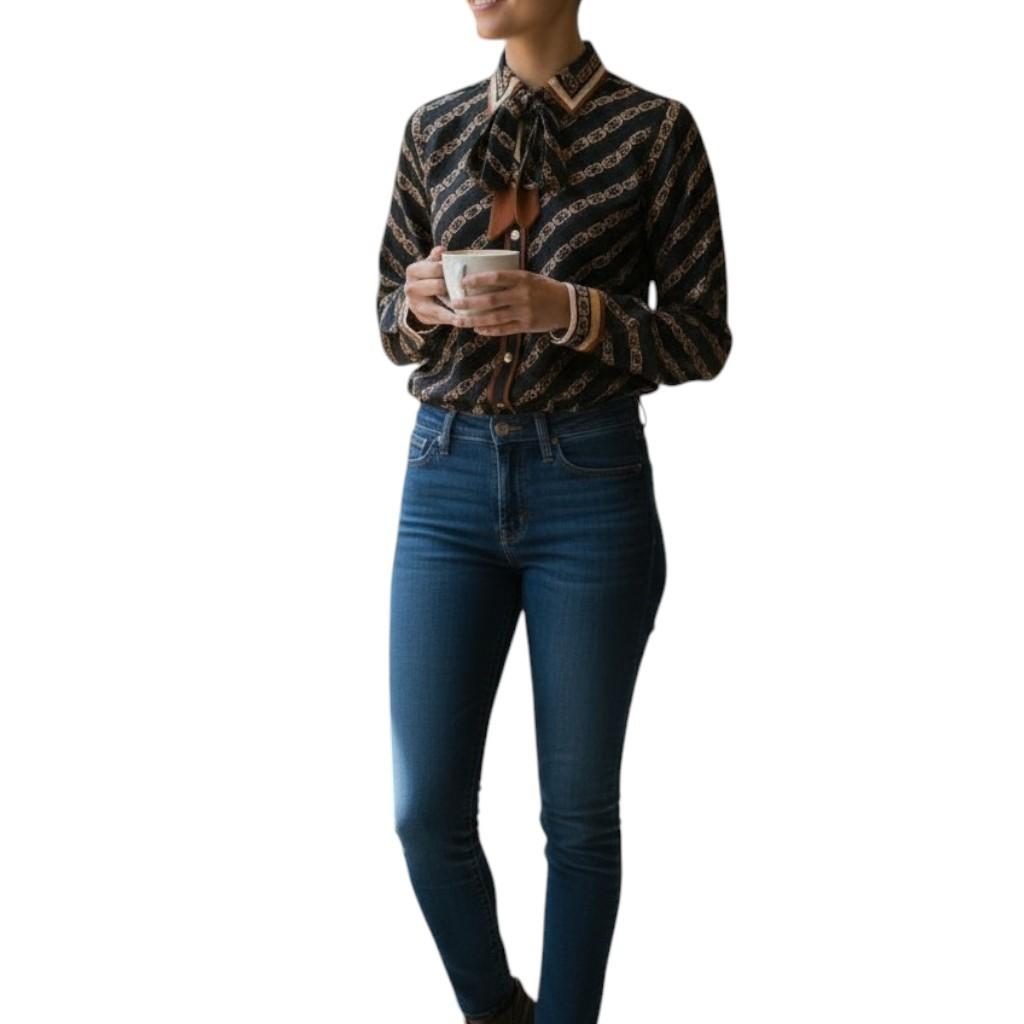 AI generated image of Person wearing a patterned shirt and jeans holding a cup on a white background
