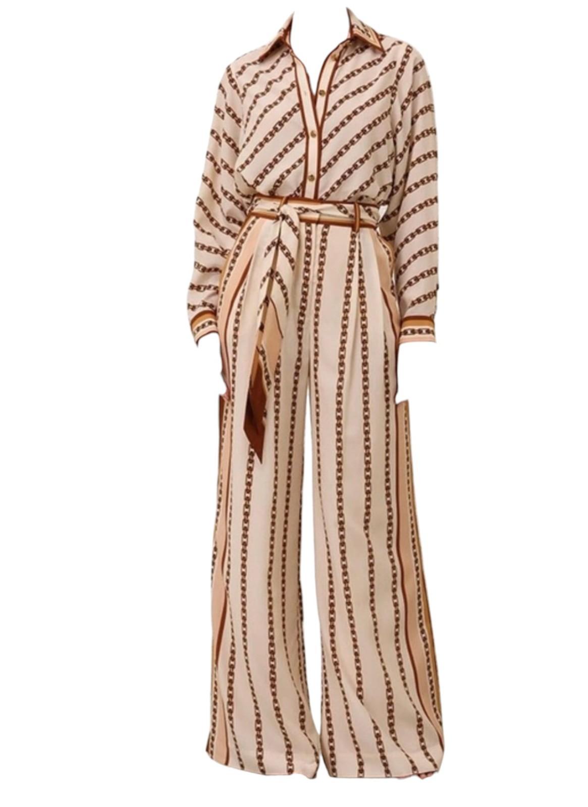 Striped jumpsuit with a belt on a white background