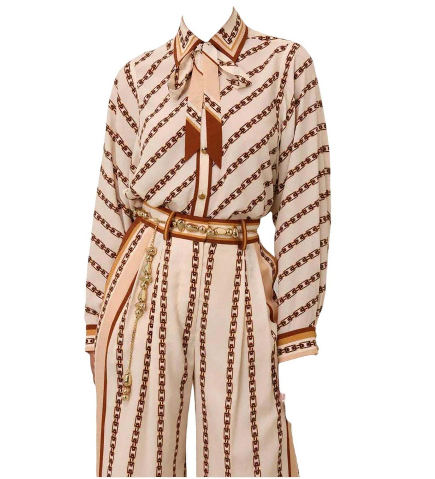 Beige dress with brown chain pattern and belt on a white background