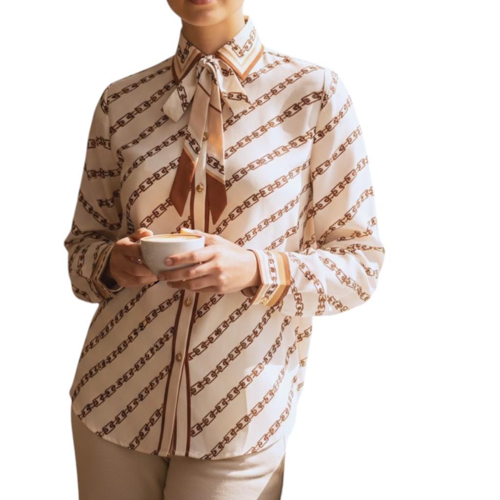 AI generated image of Person wearing a patterned blouse holding a small bowl on a white background