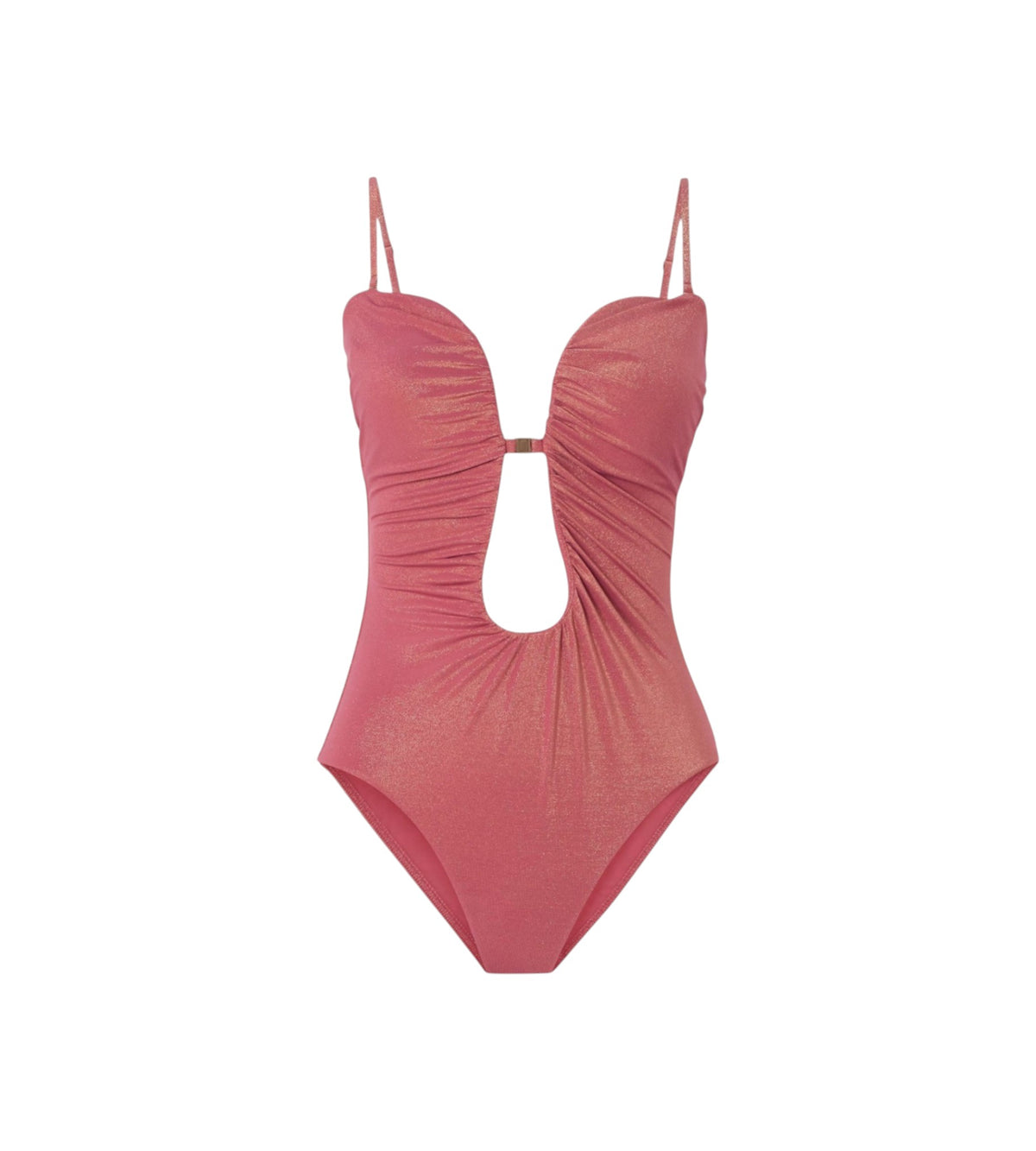 pink one piece bikini with plunging neckline