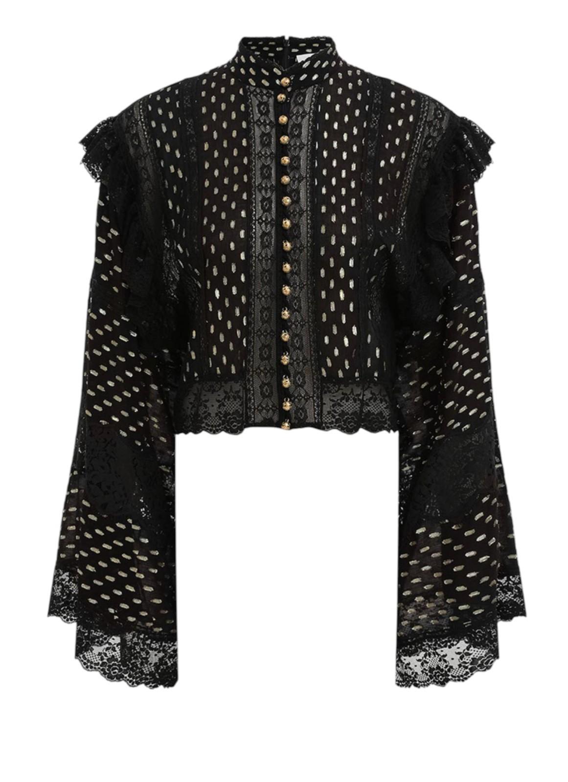 Black lace blouse with buttons on a white background