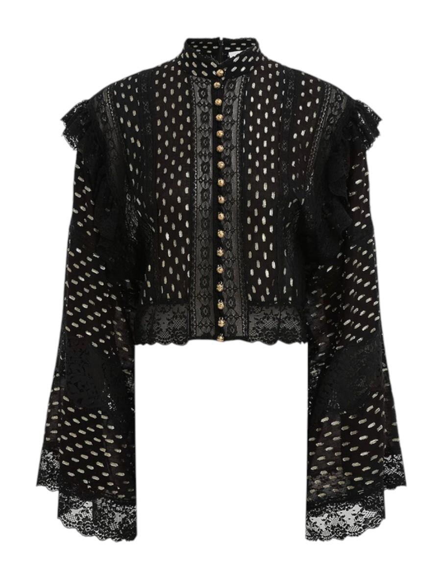 Zimmermann Rhiannon Metallic Blouse | Black/Gold, Billow Sleeve, Collar, Buttons