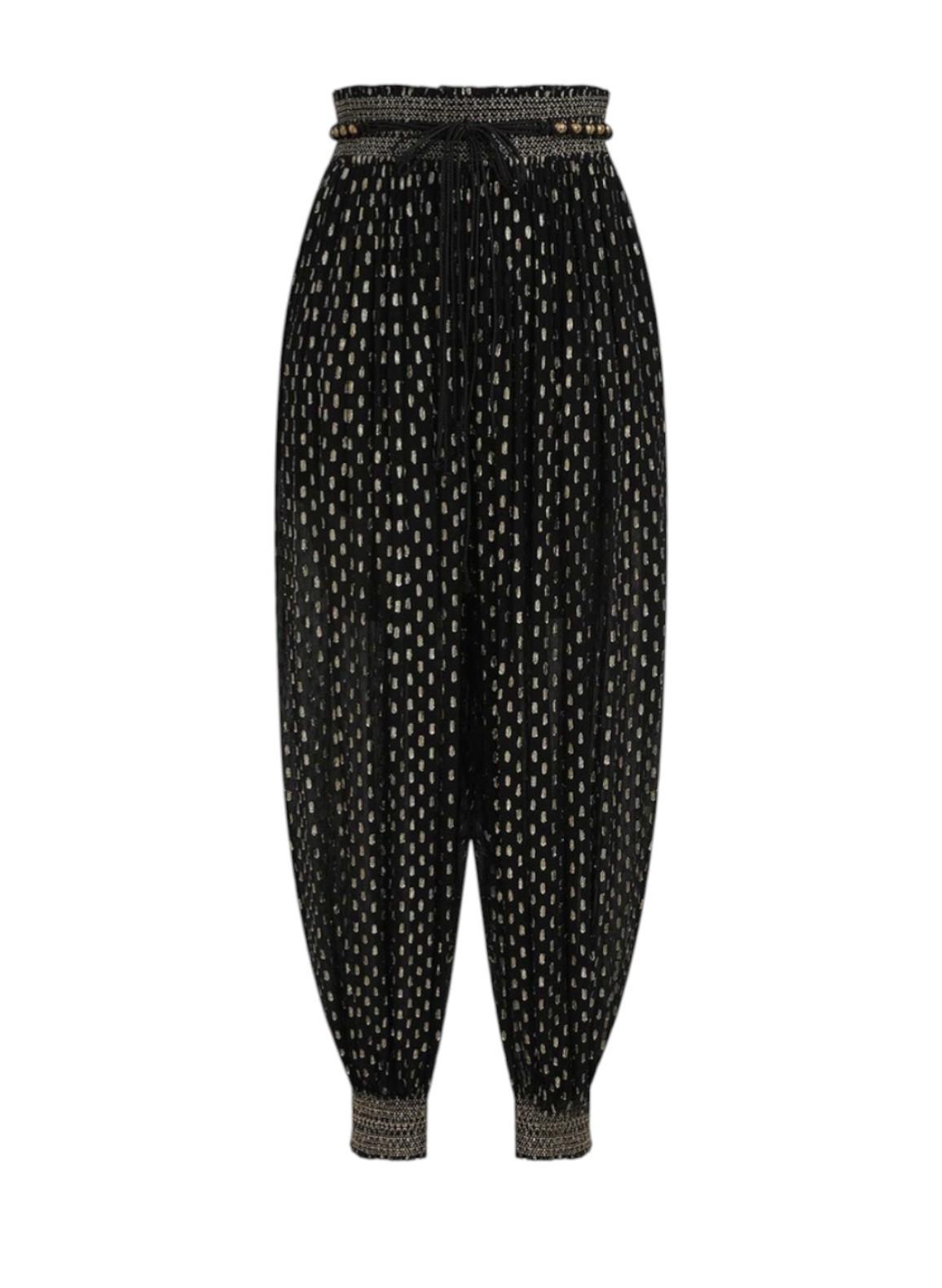 Black patterned pants on a white background