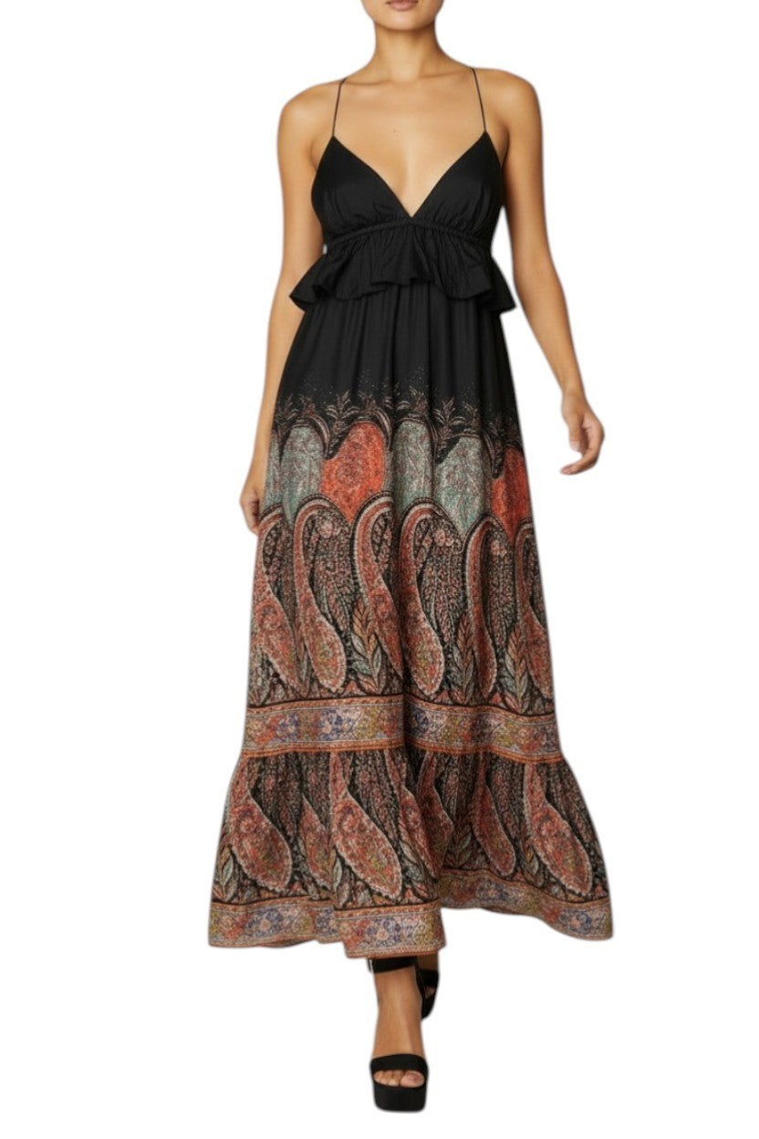 AI generated image of Black dress with a patterned skirt on a white background