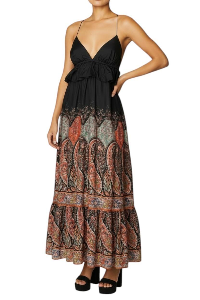 AI generated image of Woman wearing a black top with a patterned skirt on a white background
