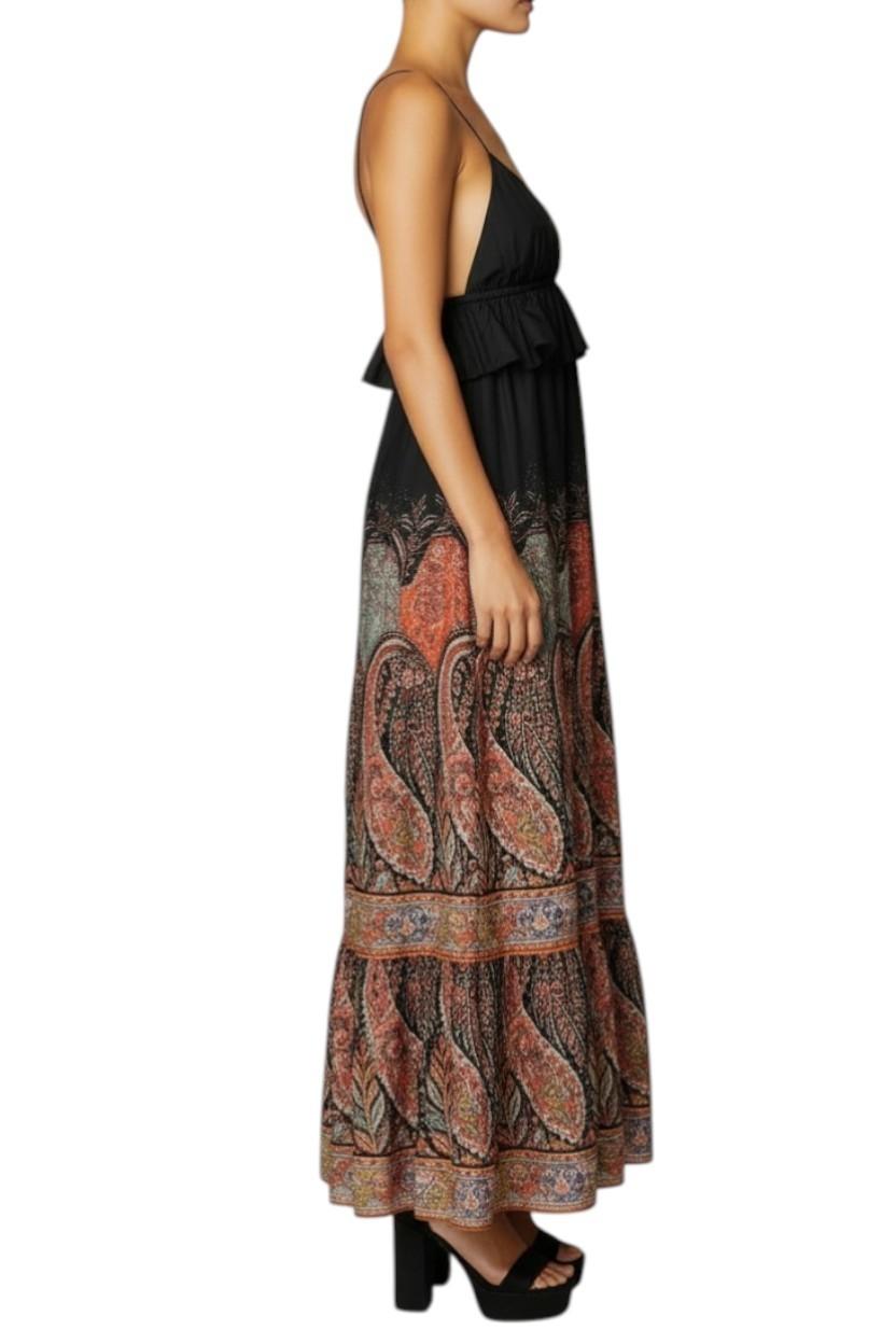 AI generated image of Woman wearing a black sleeveless dress with a patterned skirt on a white background