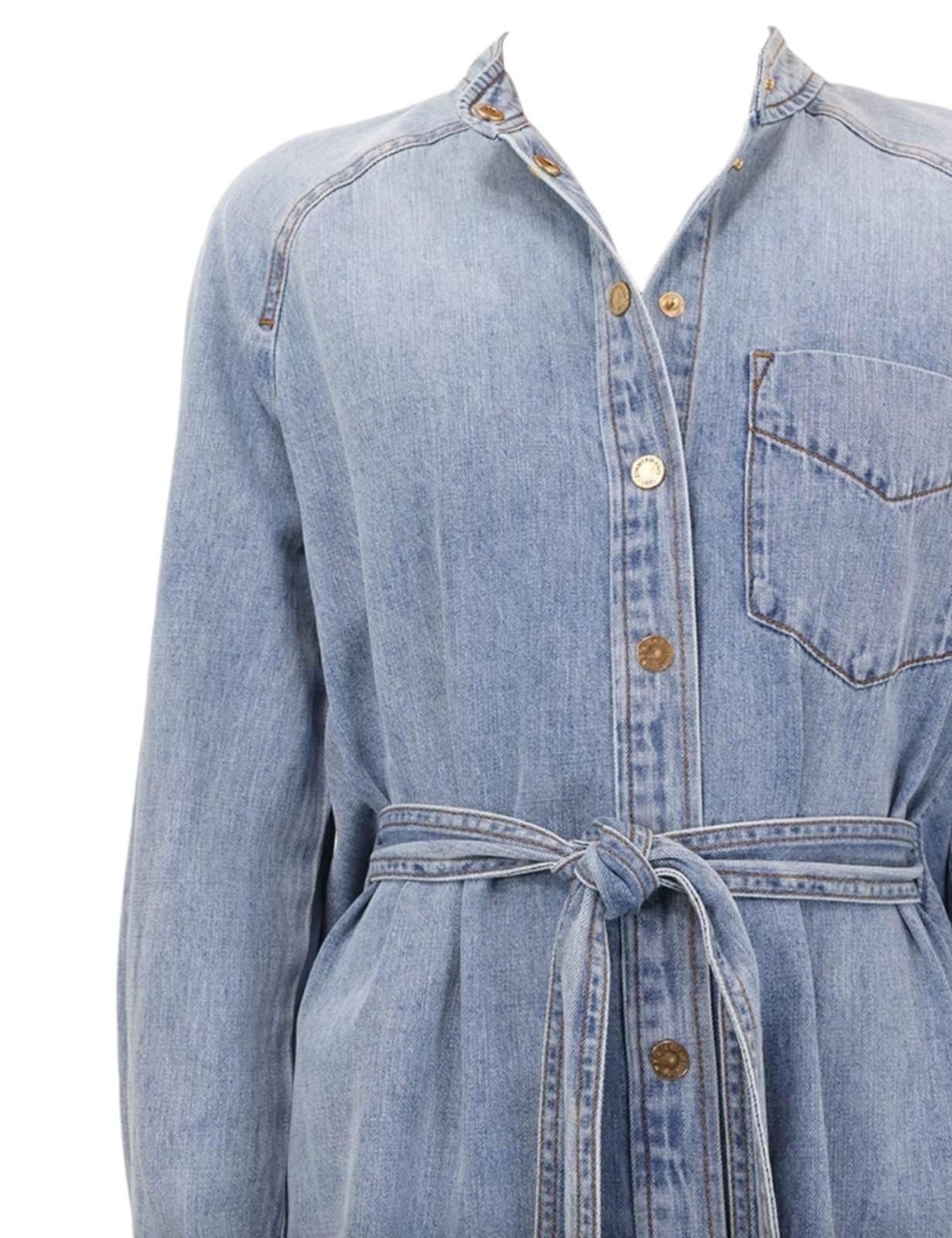 Light blue denim dress with a belt on a white background