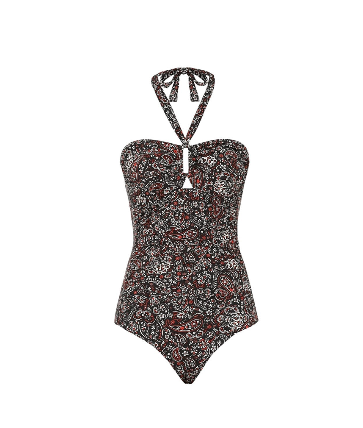 Patterned one-piece swimsuit on a white background
