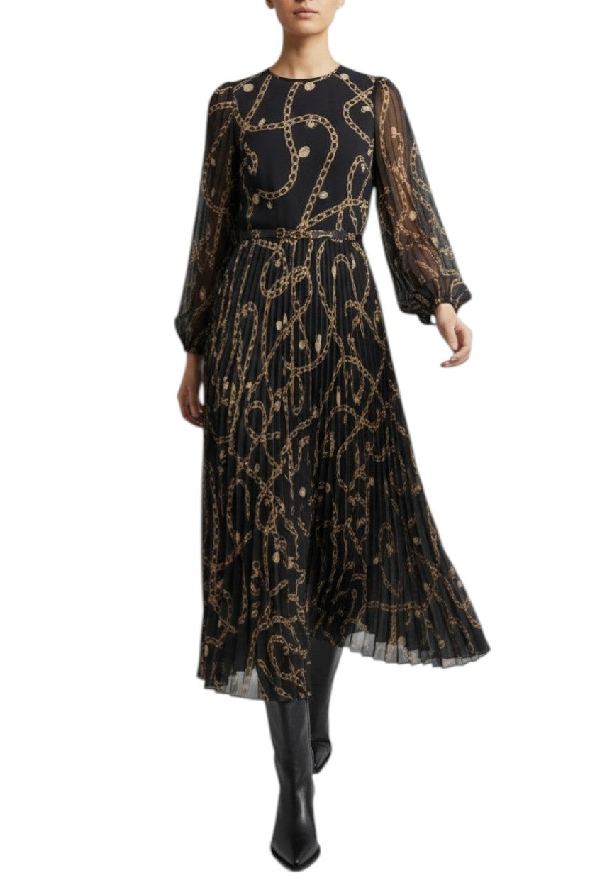 AI generated image of Black and gold patterned dress worn by a model on a white background