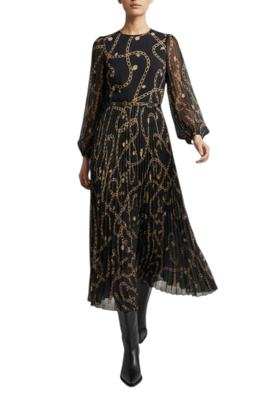 AI generated image of Black and gold patterned dress worn by a model on a white background