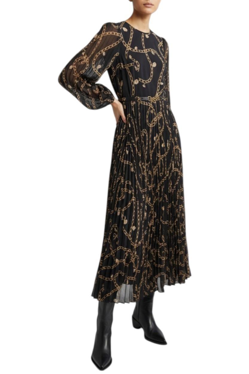 AI generated image of Black dress with gold pattern worn by a model on a white background