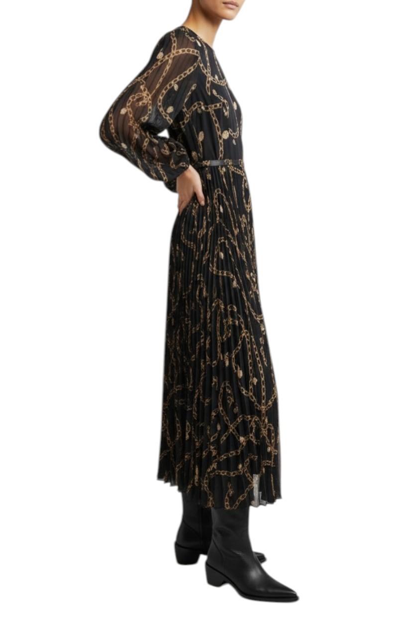 AI generated image of Long black dress with gold pattern worn by a person on a white background