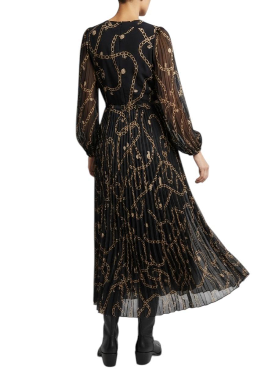 AI Generated image of Black dress with gold patterns worn by a person on a white background