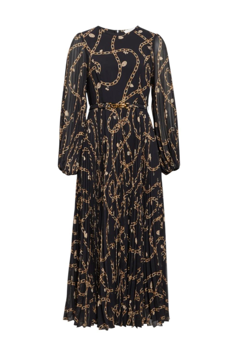Black dress with gold chain pattern on a white background