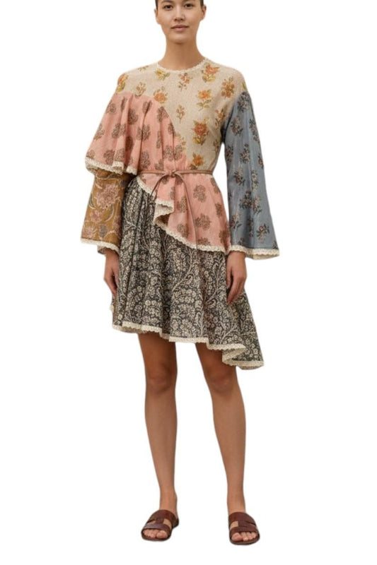 AI generated image of Woman wearing a floral dress with bell sleeves on a white background