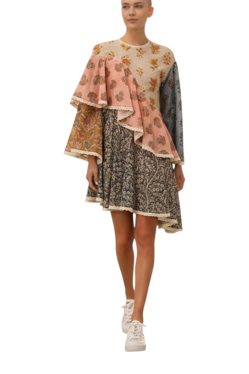 AI generated image of Woman wearing a patterned dress with ruffled sleeves on a white background