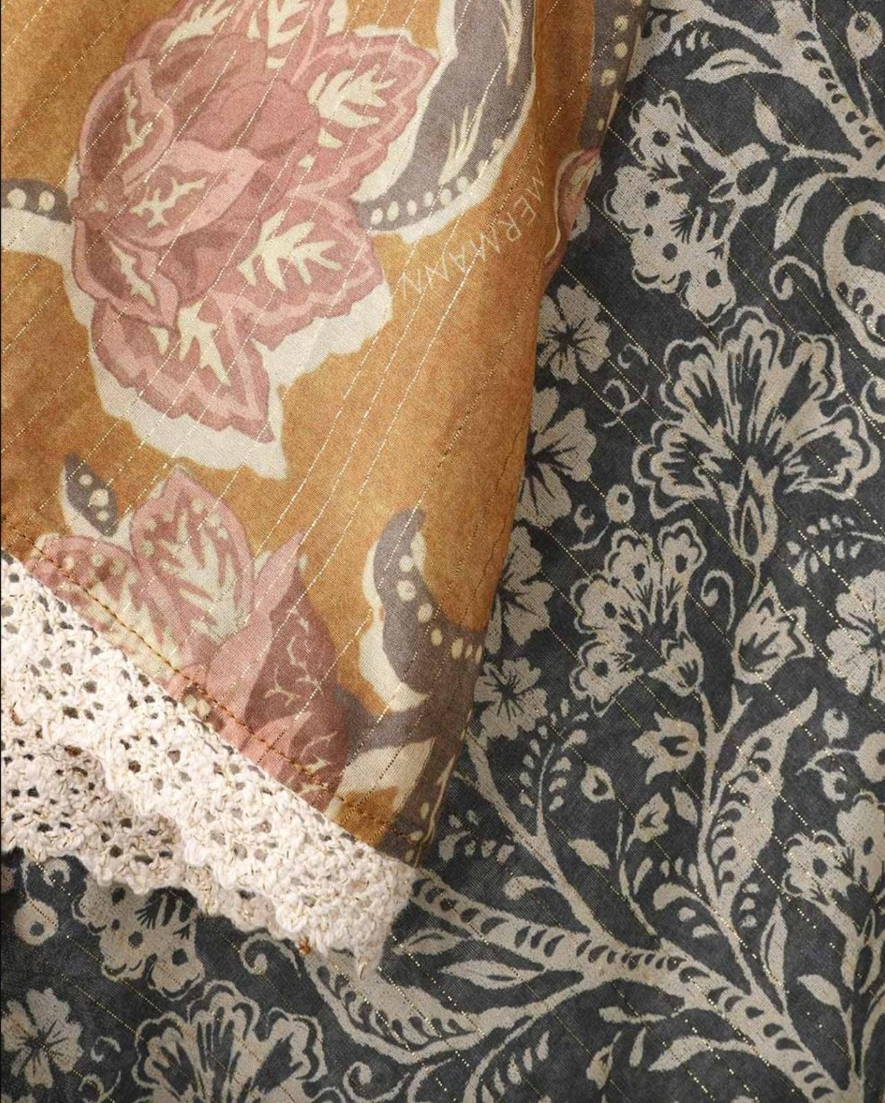Close-up of floral-patterned fabric with lace trim