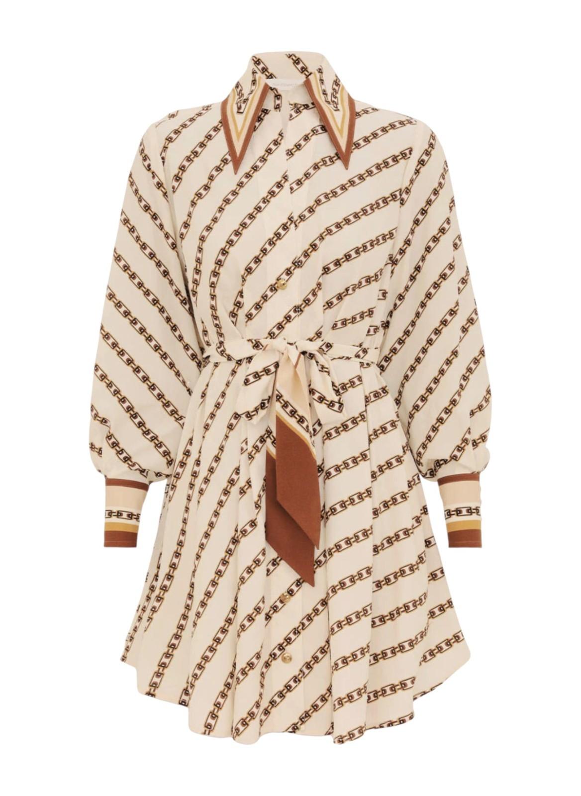 Beige and brown patterned shirt with a tie on a white background