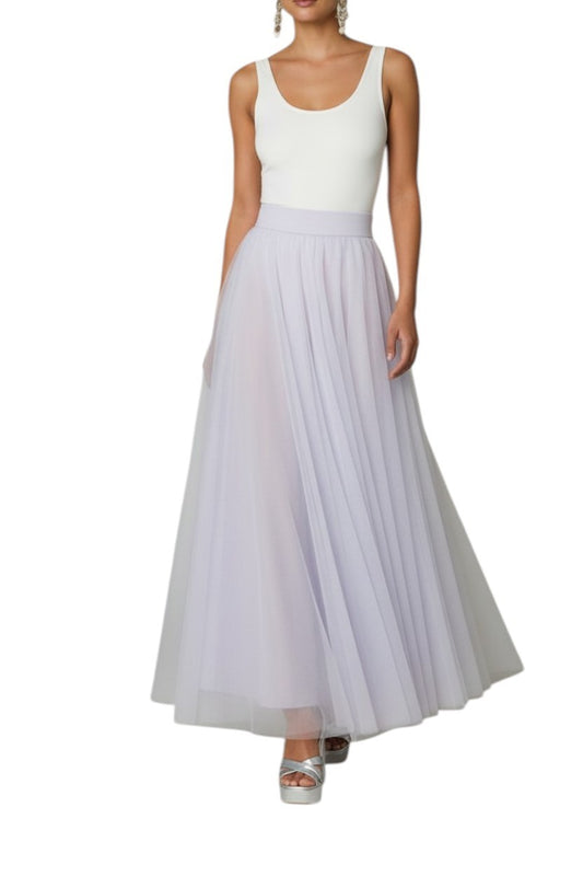 AI generated image of Woman wearing a white top and light purple pleated skirt on a white background