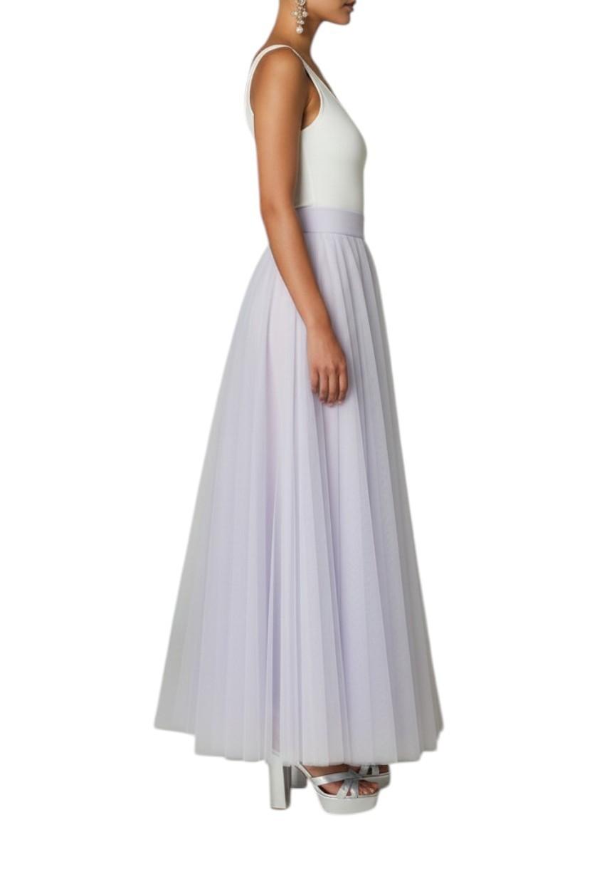 AI generated image of Woman wearing a white halter neck dress on a white background