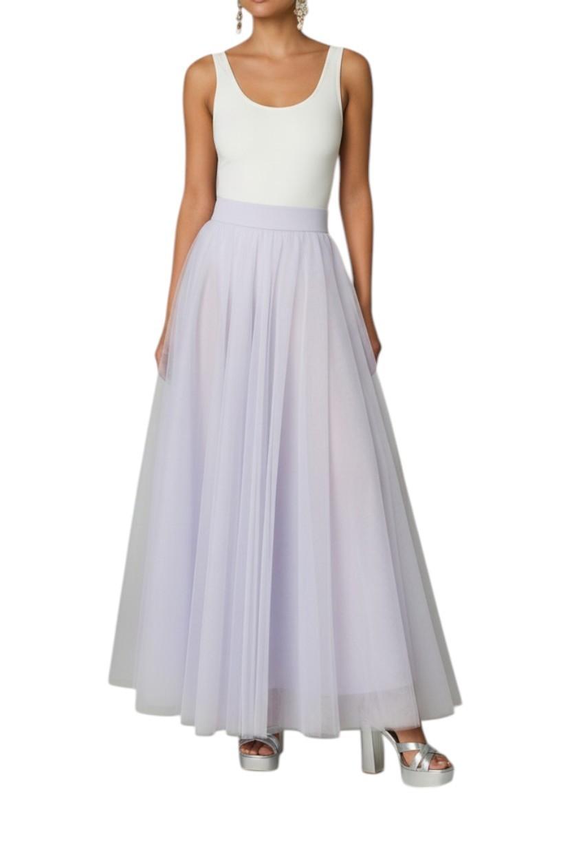 AI generated image of Woman wearing a white sleeveless top and light purple full skirt on a white background