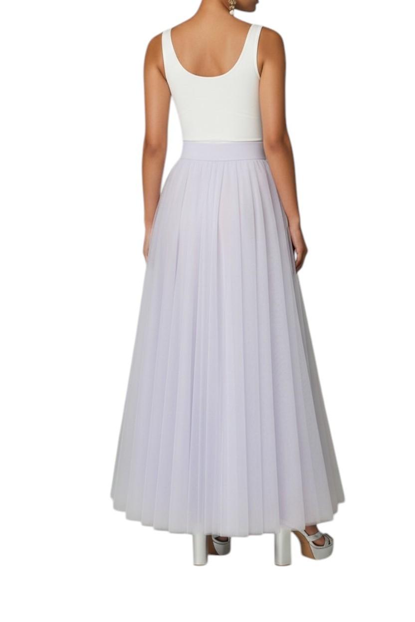 AI generated image of Woman wearing a white sleeveless top and light gray pleated skirt on a white background